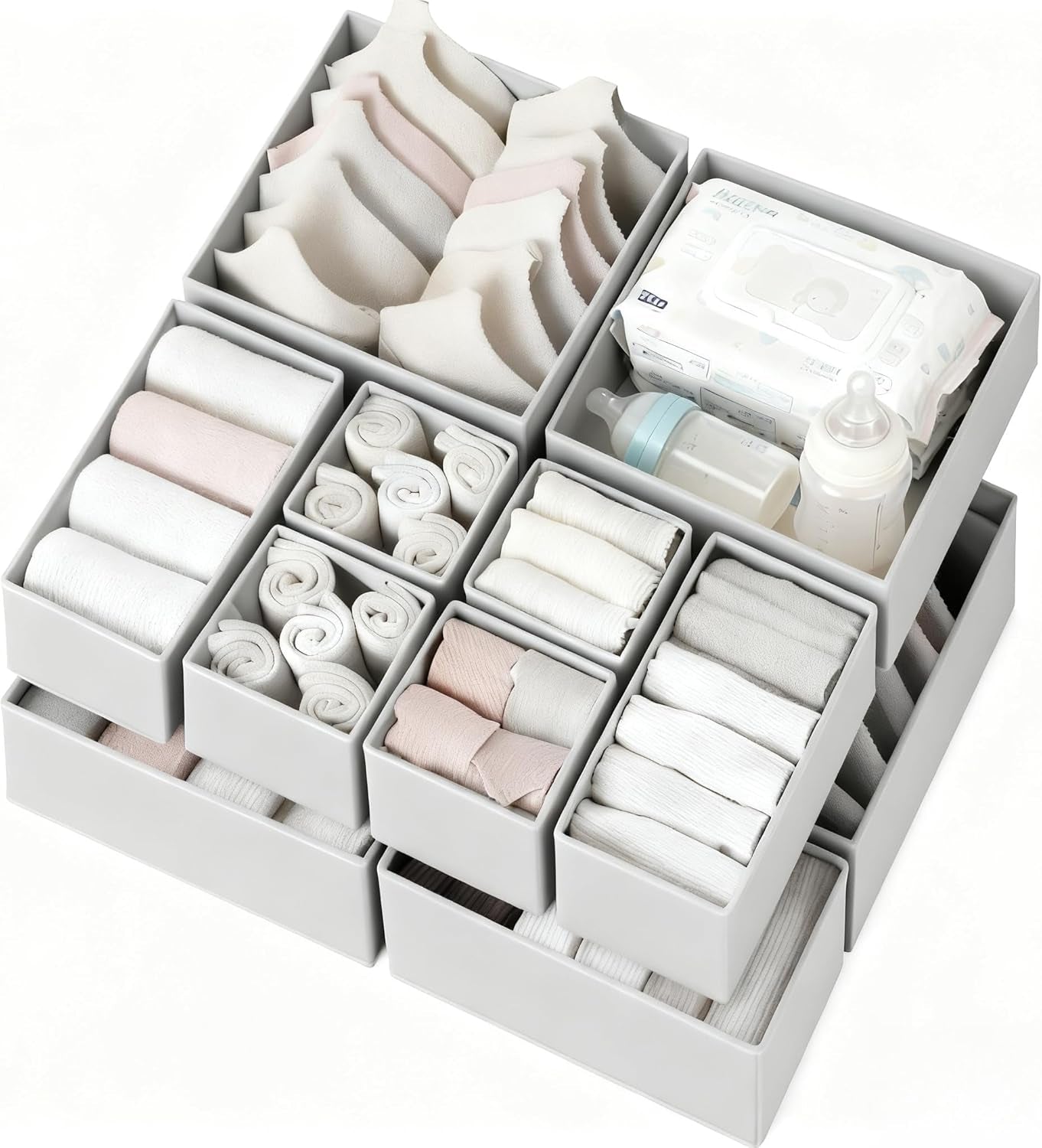 Drawer Organizer Clothes 12 Pack, Dresser Organizer for Nursery Bedroom Closet Organization and Storage - Baby Clothes Organizer Bins - Drawer Divider for Sock Underwear Bra Ties (Grey)