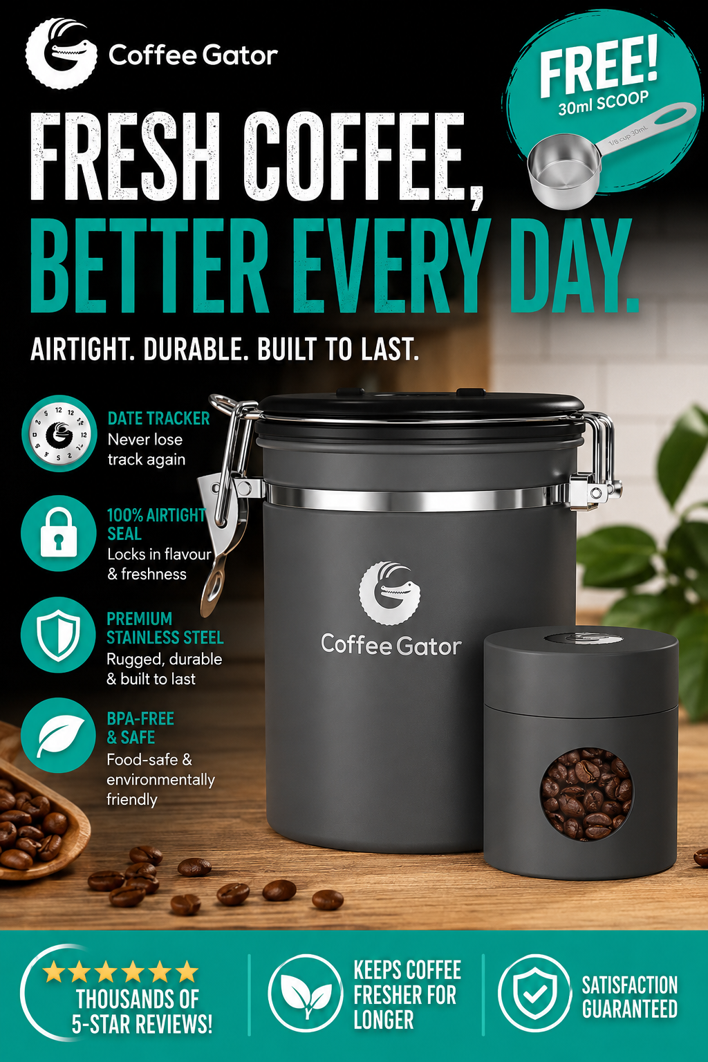 Airtight Coffee Canister, 16 oz Stainless Steel and 4 oz Borosilicate Glass Travel Kitchen Food Storage Container with Date Tracker, Scoop for Coffee Beans,Sugar, or Tea.