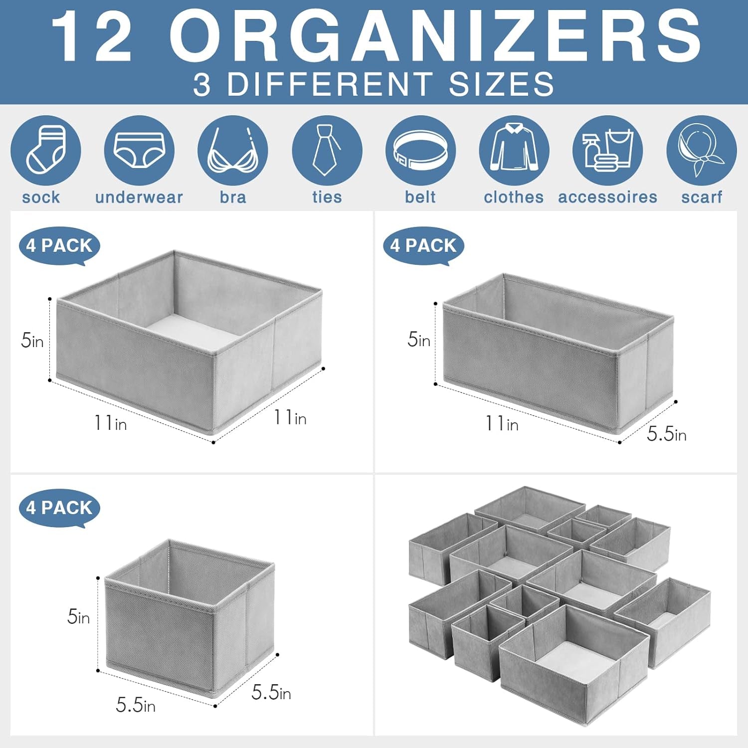 Drawer Organizer Clothes 12 Pack, Dresser Organizer for Nursery Bedroom Closet Organization and Storage - Baby Clothes Organizer Bins - Drawer Divider for Sock Underwear Bra Ties (Grey)
