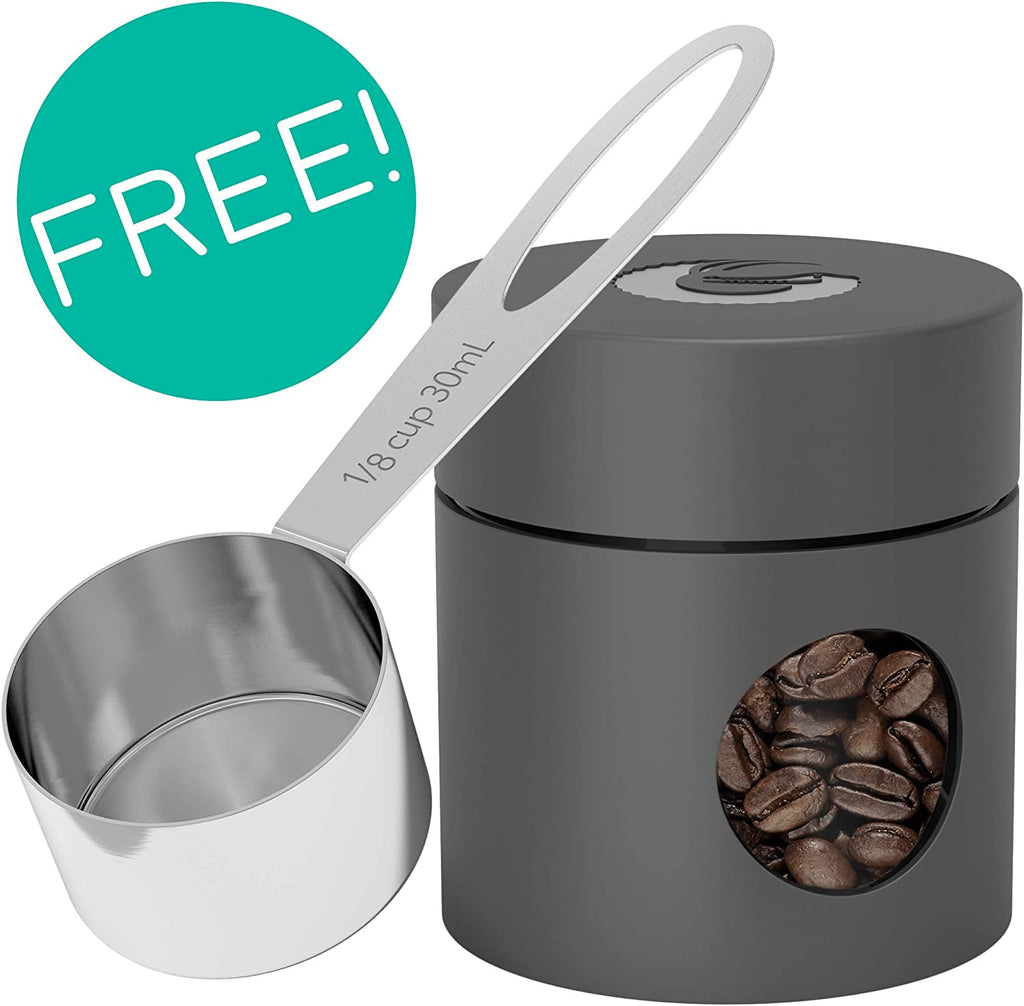 Coffee Canister Airtight, 16Oz Stainless Steel and 4Oz Borosilicate Glass Travel Kitchen Food Storage Container with Date Tracker, Scoop for Beans, Ground, Sugar, Tea, Cookies Jars